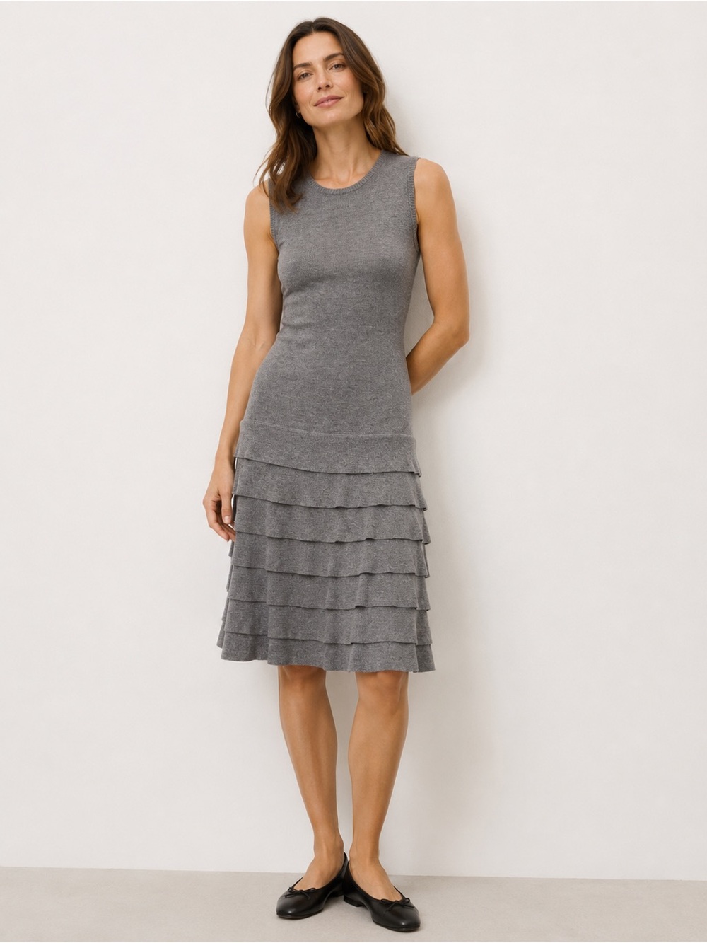 Calvin Klein Ruffled Gray Knit Midi Sweater Dress